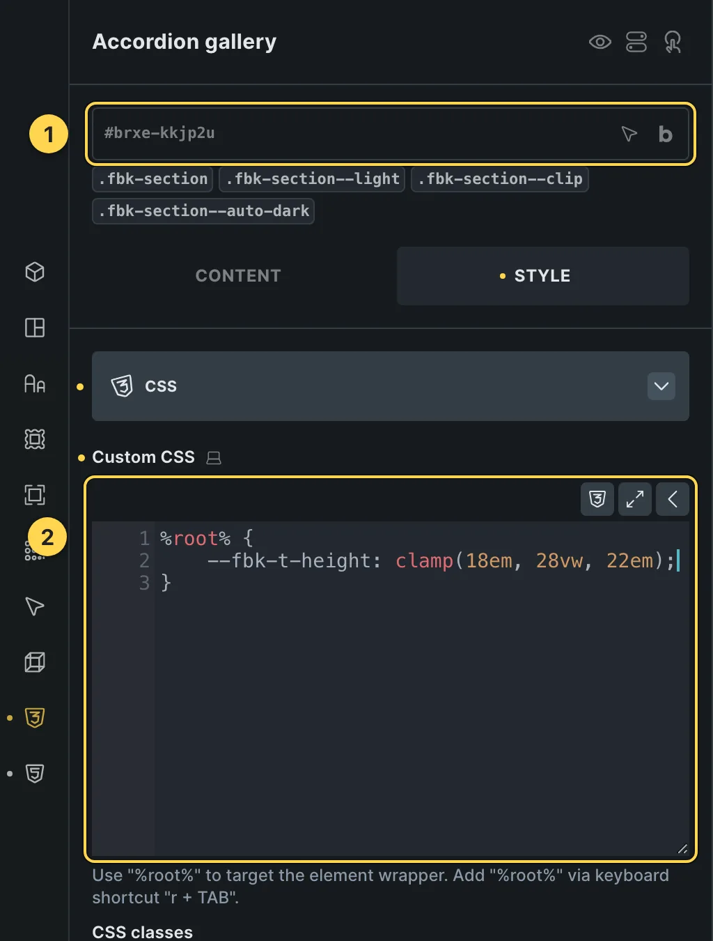 The Custom CSS field of this template's own element, with one of its variables as a real example.