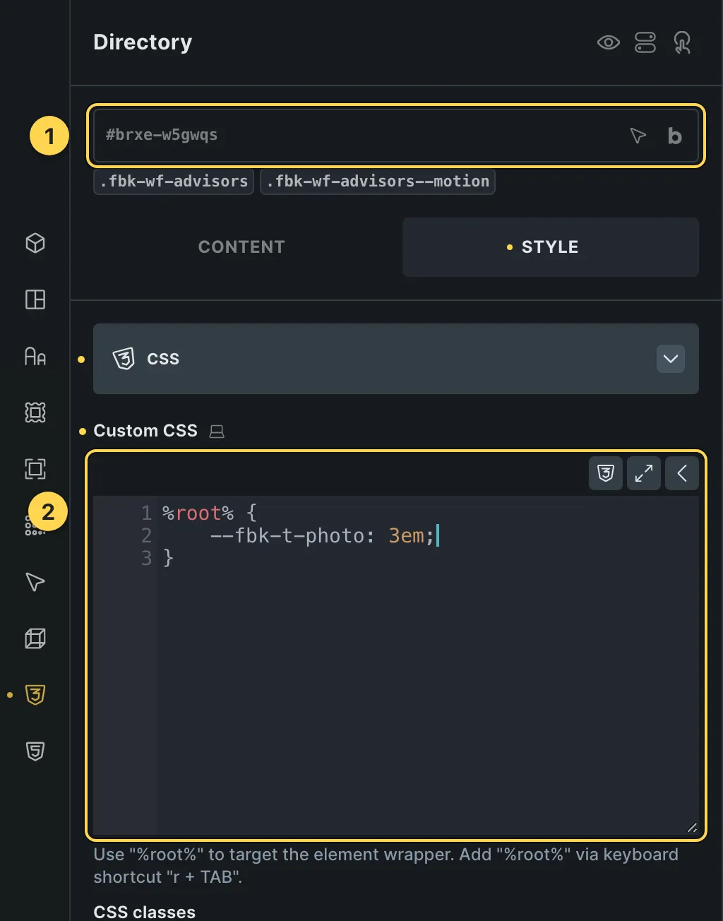 The Custom CSS field of this template's own element, with one of its variables as a real example.