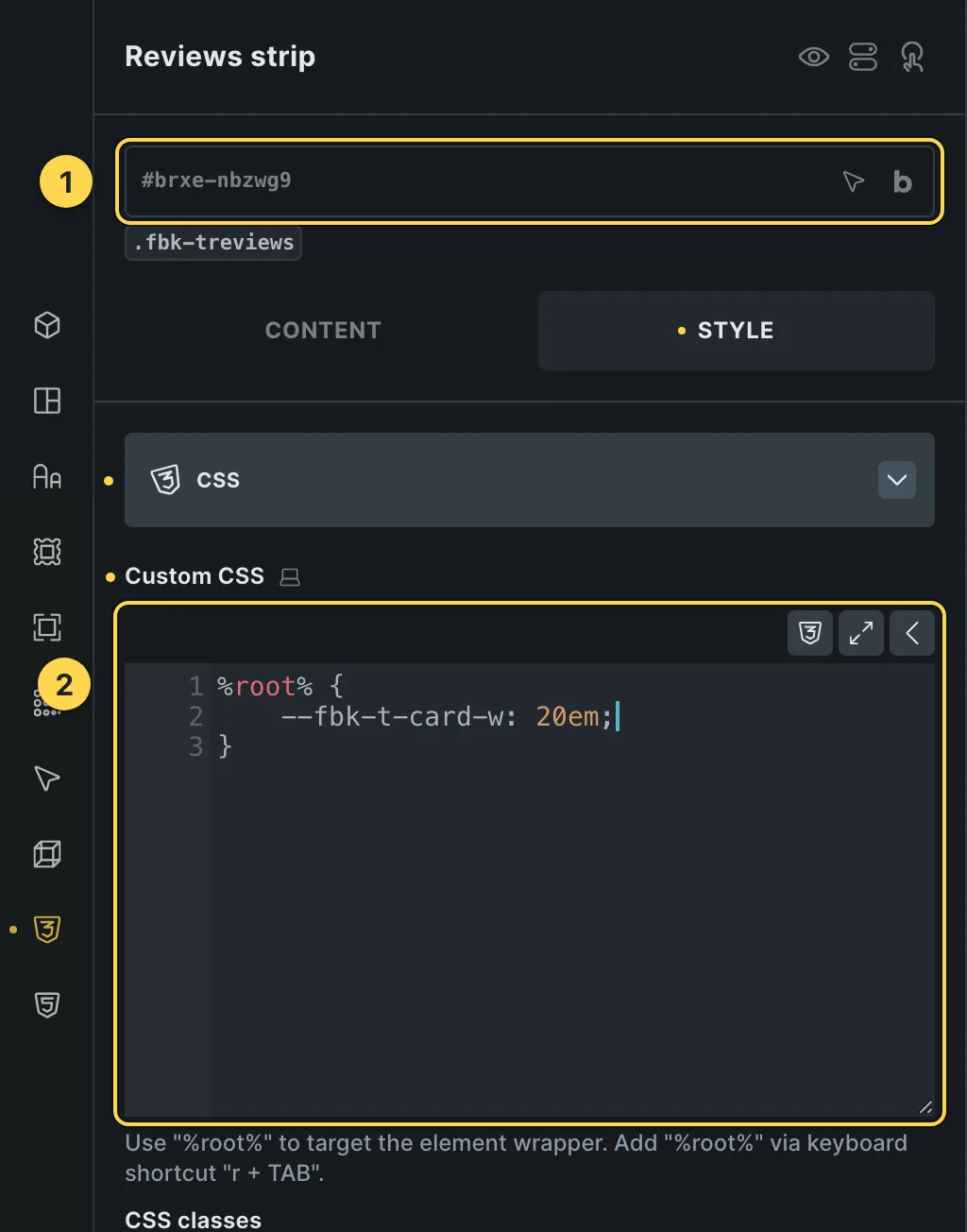 The Custom CSS field of this template's own element, with one of its variables as a real example.