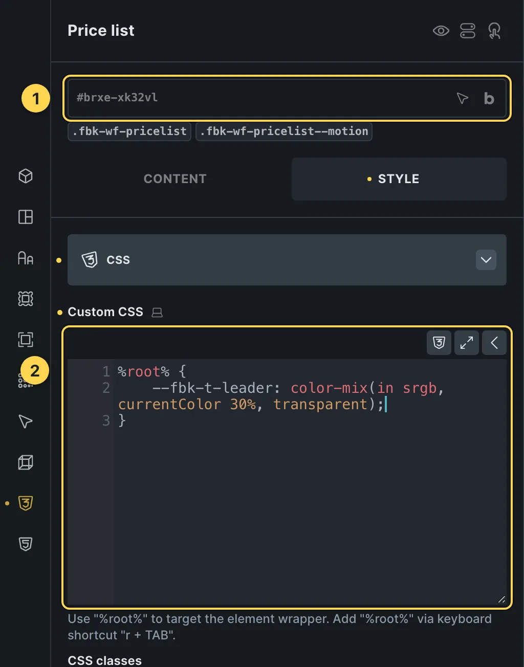 The Custom CSS field of this template's own element, with one of its variables as a real example.