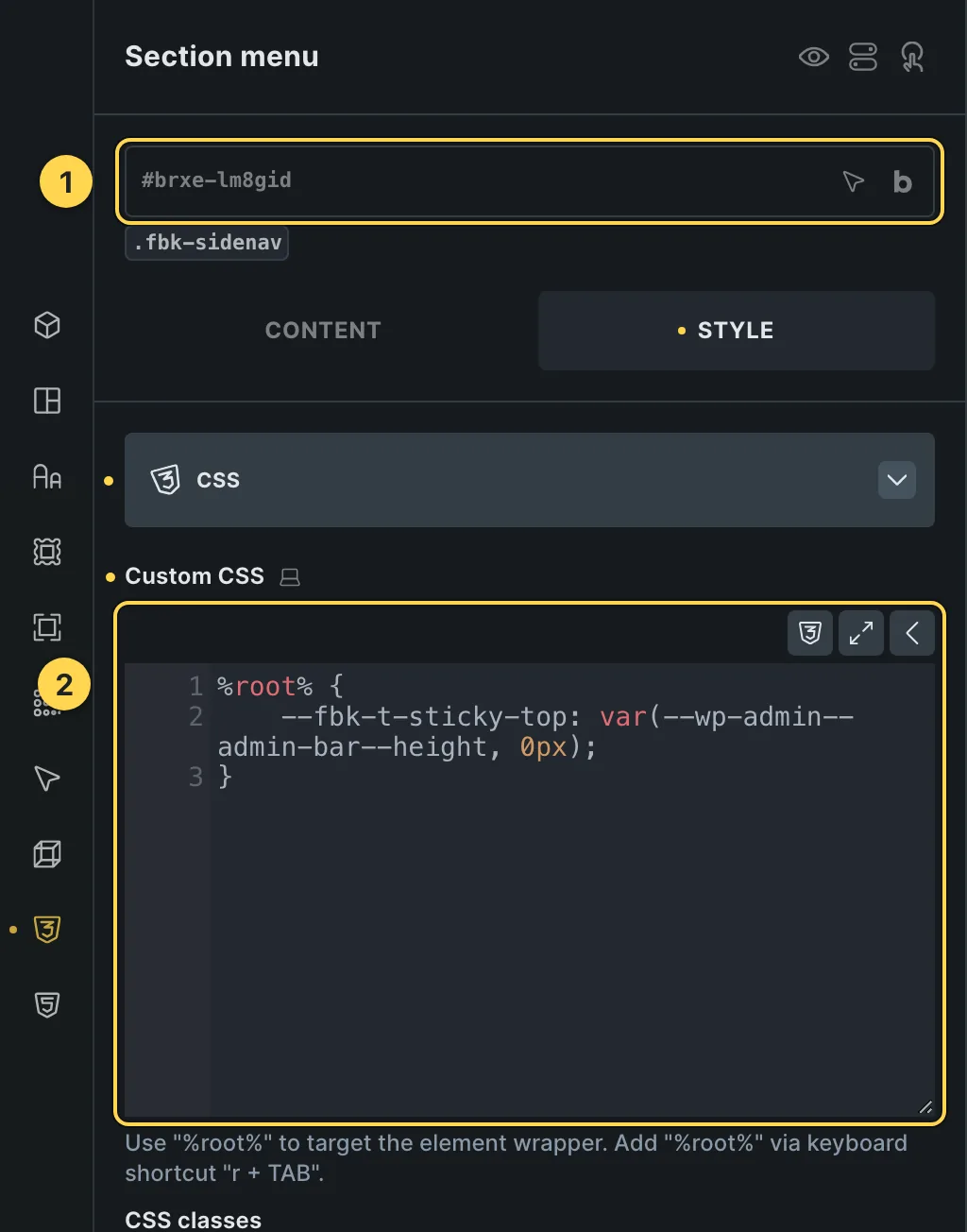 The Custom CSS field of this template's own element, with one of its variables as a real example.