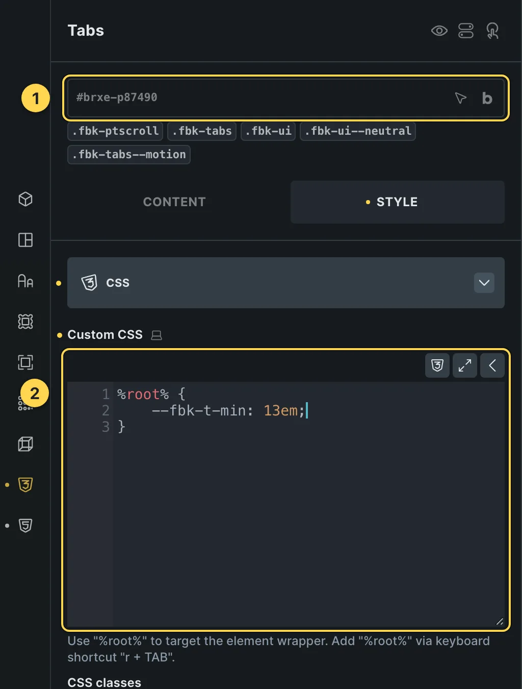 The Custom CSS field of this template's own element, with one of its variables as a real example.