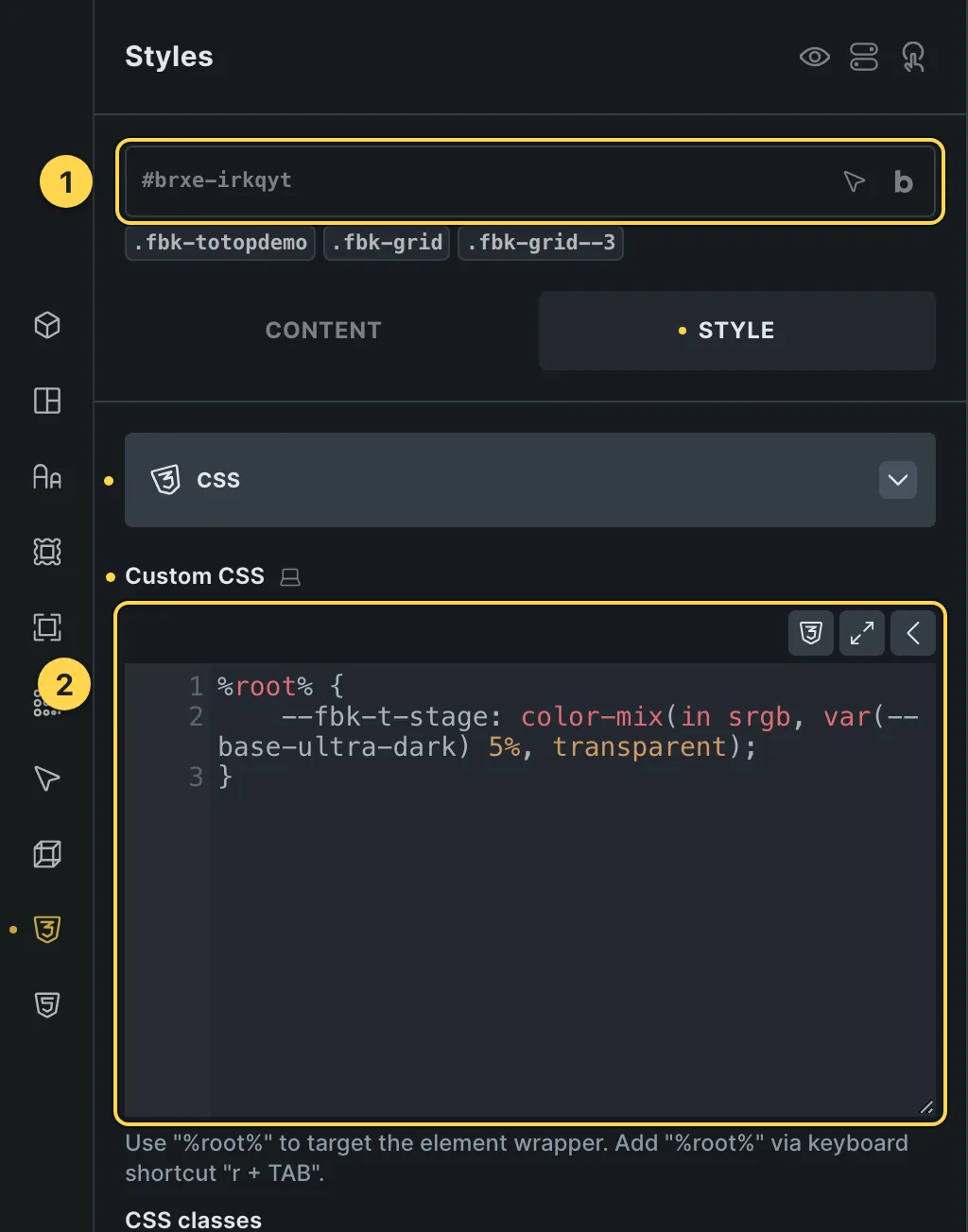 The Custom CSS field of this template's own element, with one of its variables as a real example.