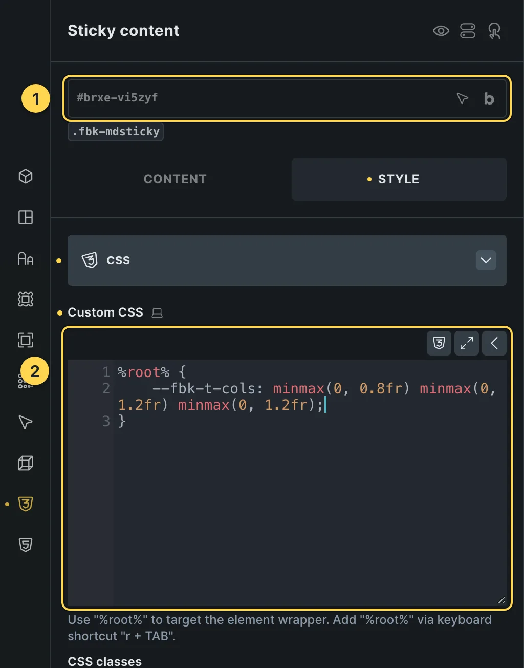 The Custom CSS field of this template's own element, with one of its variables as a real example.