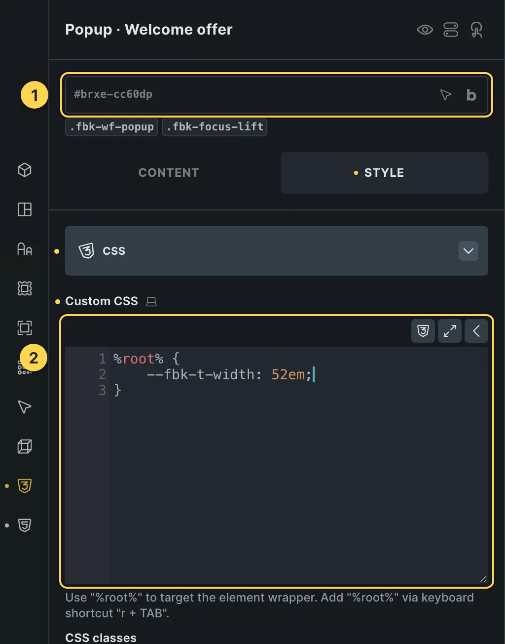 The Custom CSS field of this template's own element, with one of its variables as a real example.