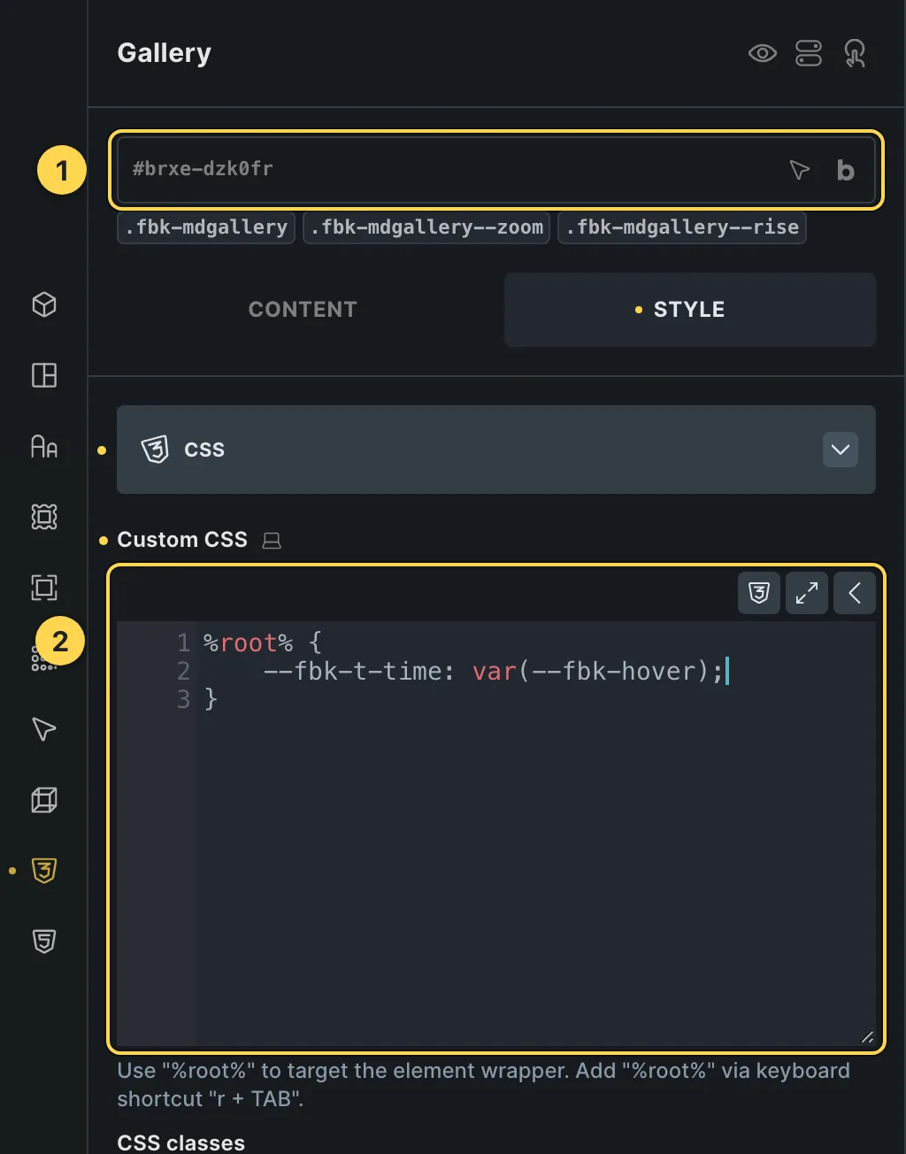 The Custom CSS field of this template's own element, with one of its variables as a real example.