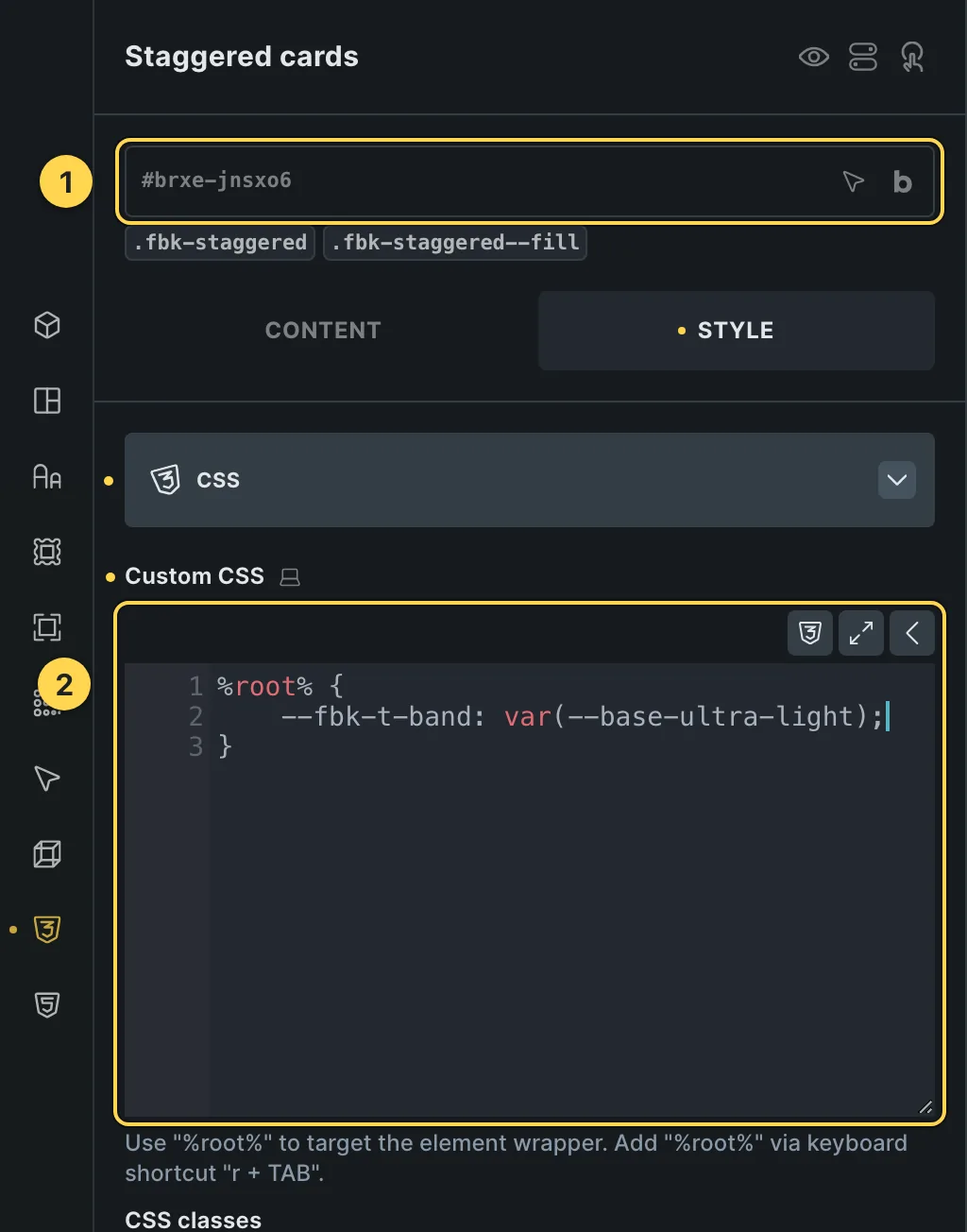 The Custom CSS field of this template's own element, with one of its variables as a real example.