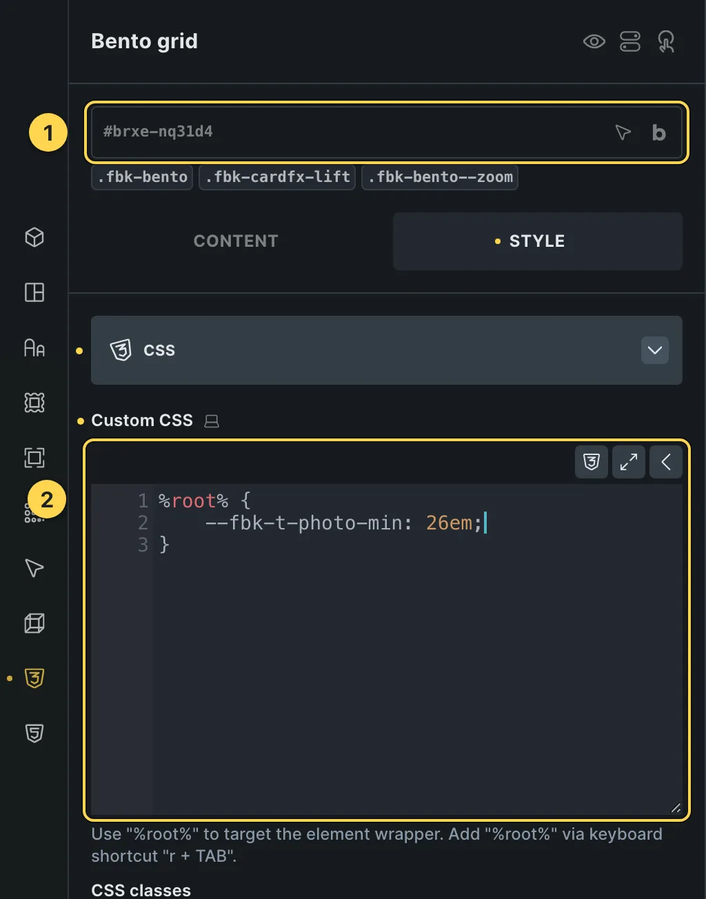 The Custom CSS field of this template's own element, with one of its variables as a real example.