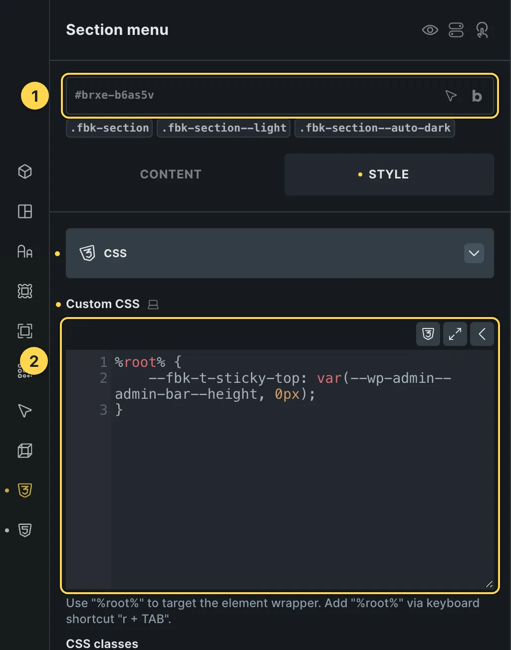 The Custom CSS field of this template's own element, with one of its variables as a real example.