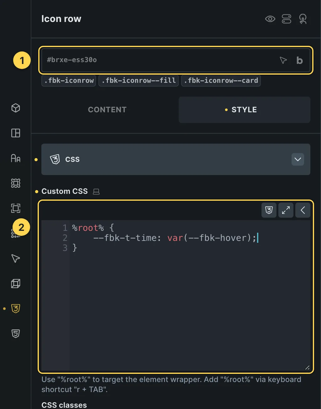 The Custom CSS field of this template's own element, with one of its variables as a real example.