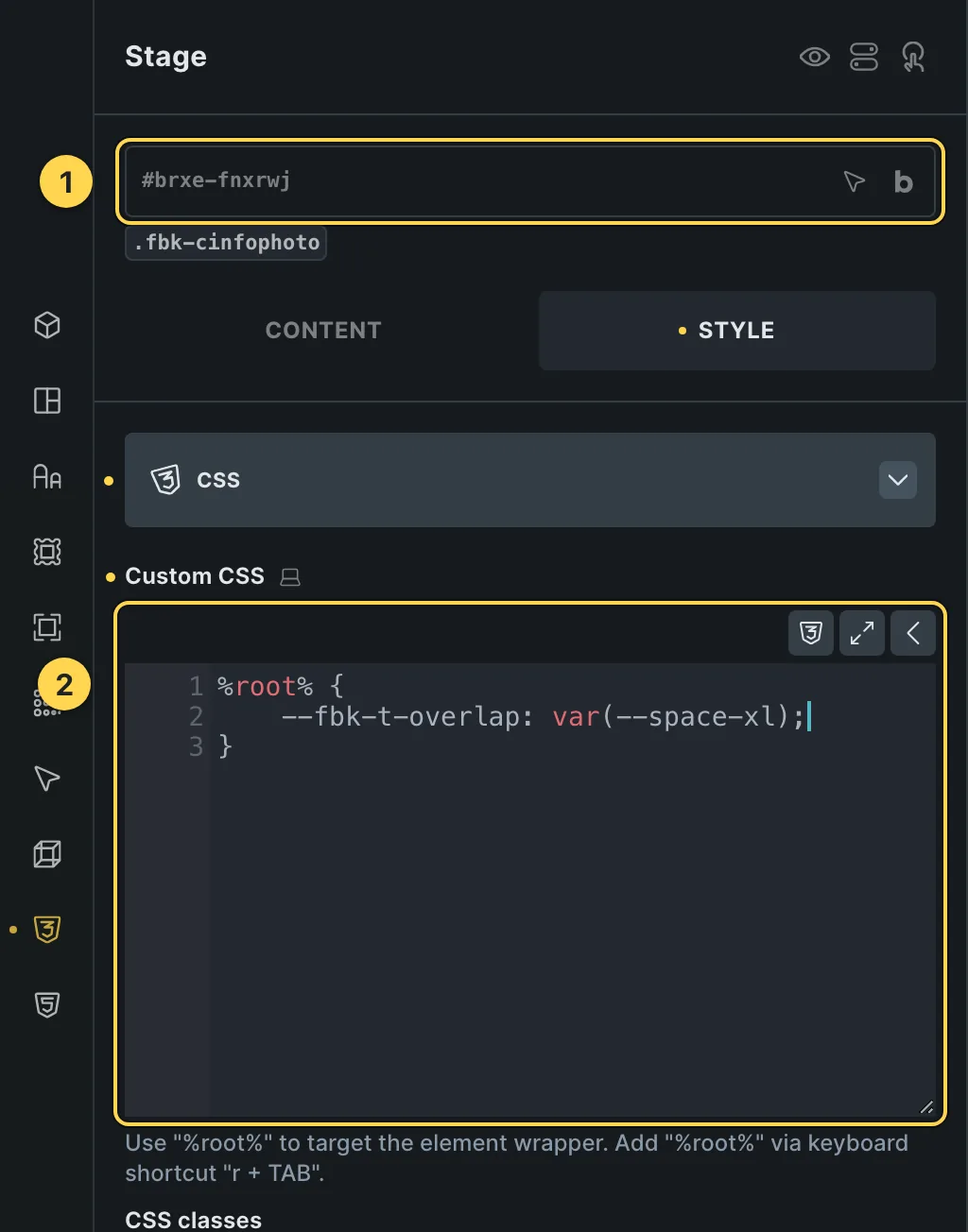 The Custom CSS field of this template's own element, with one of its variables as a real example.