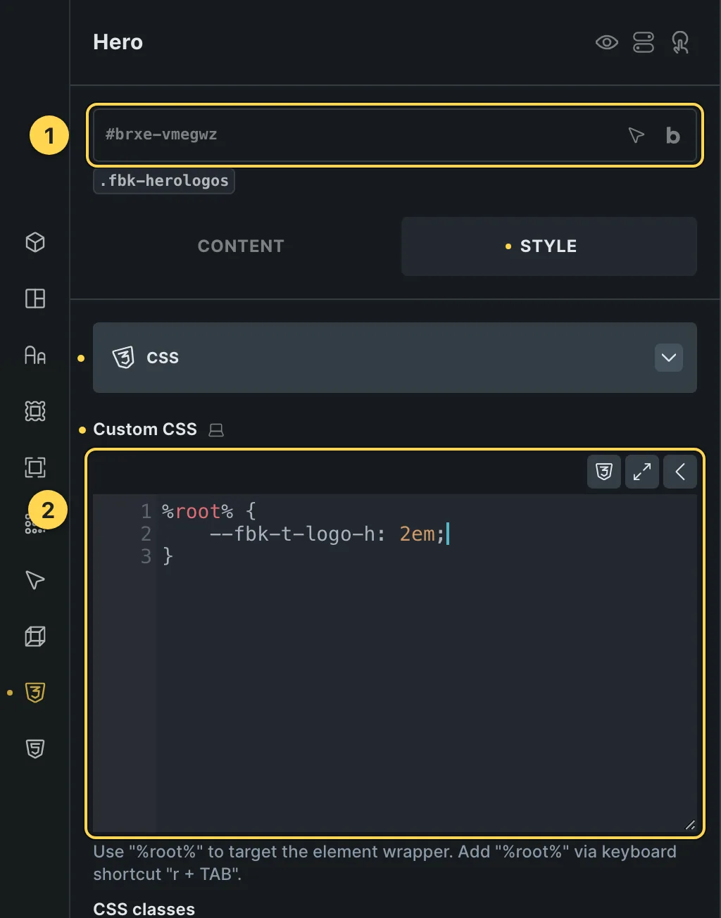 The Custom CSS field of this template's own element, with one of its variables as a real example.