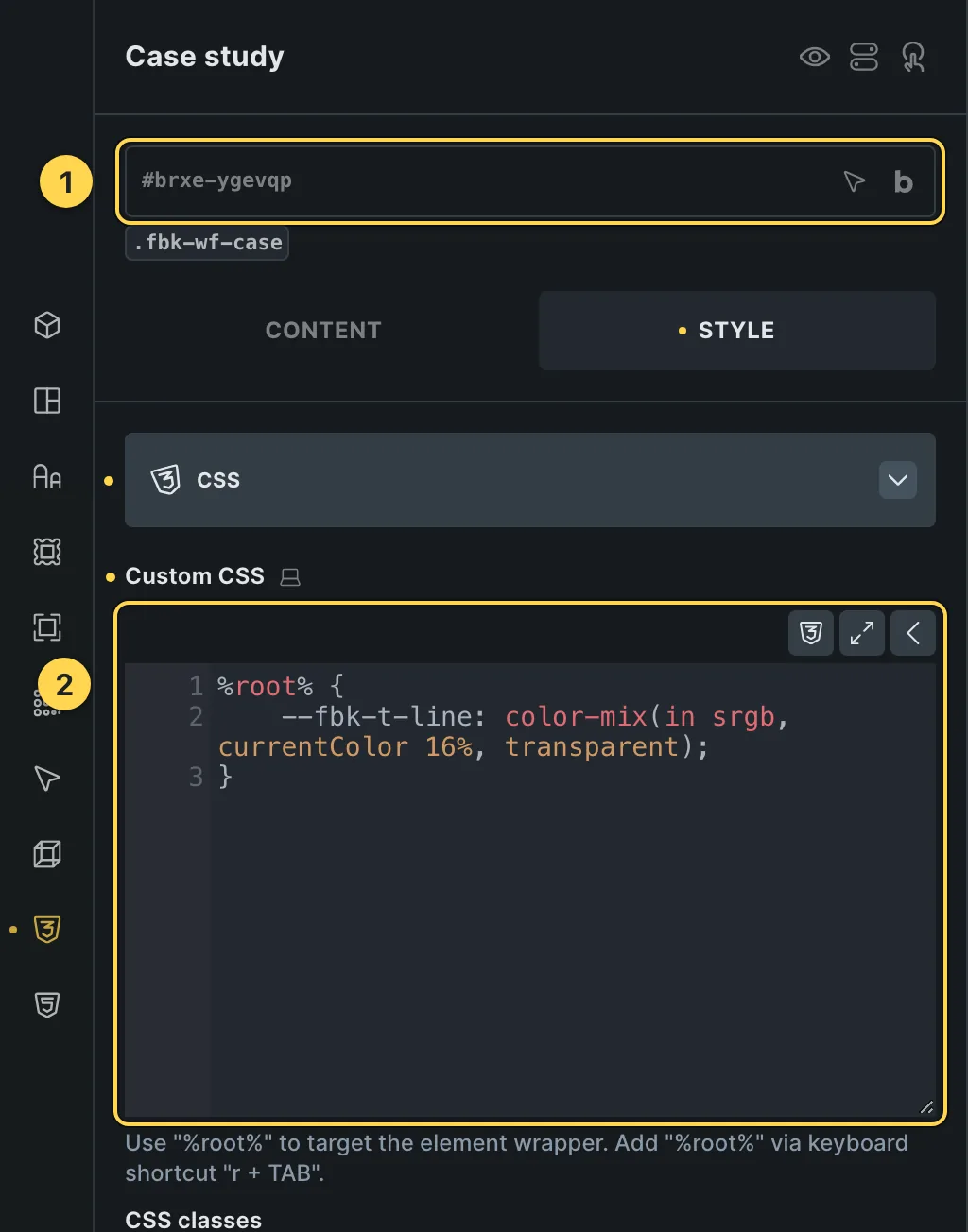 The Custom CSS field of this template's own element, with one of its variables as a real example.