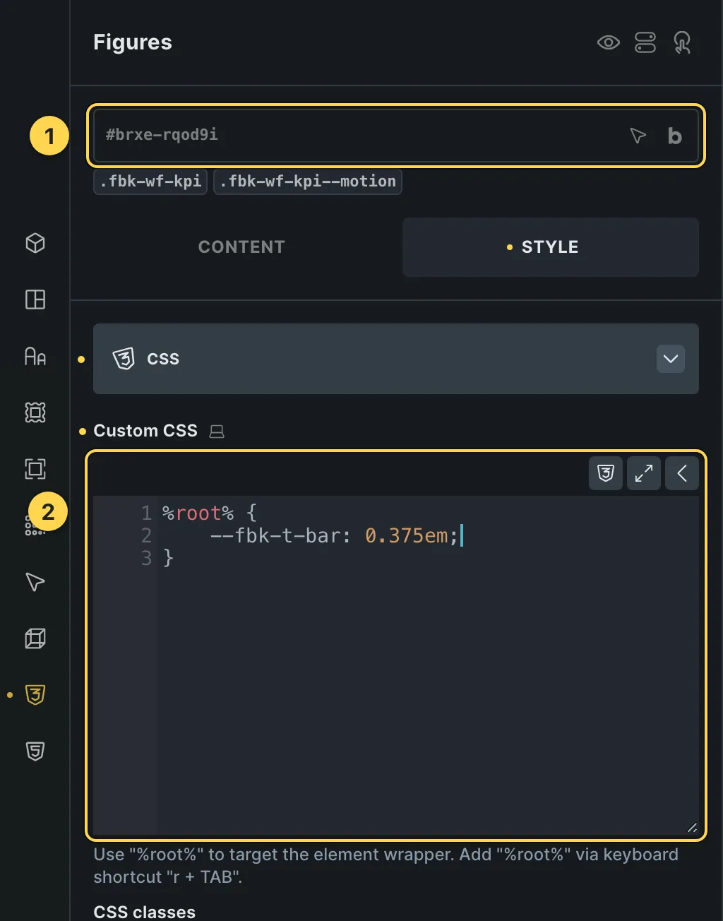 The Custom CSS field of this template's own element, with one of its variables as a real example.