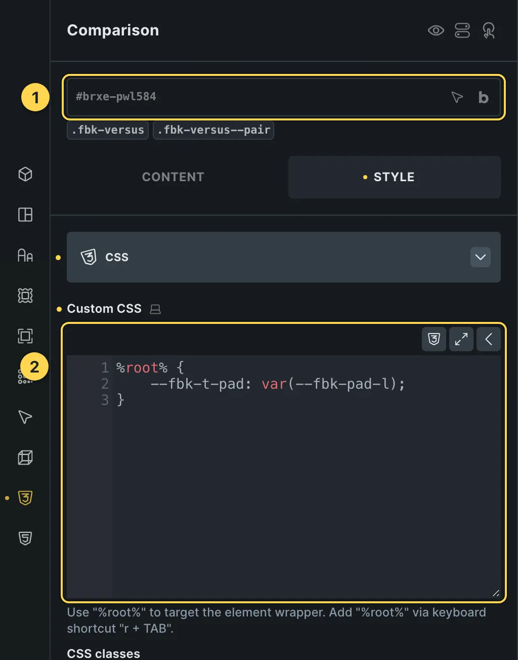The Custom CSS field of this template's own element, with one of its variables as a real example.