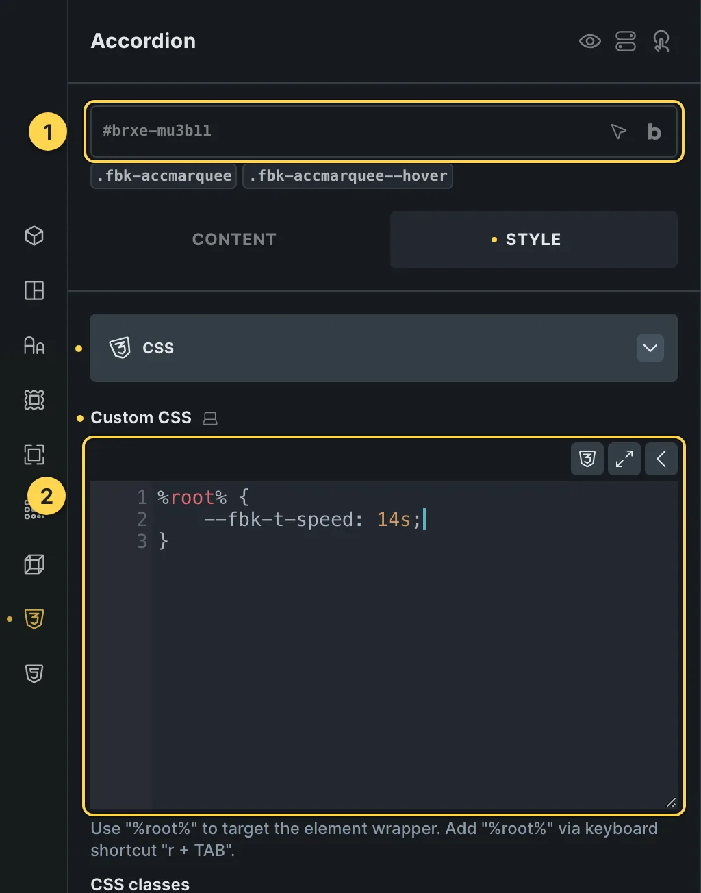 The Custom CSS field of this template's own element, with one of its variables as a real example.