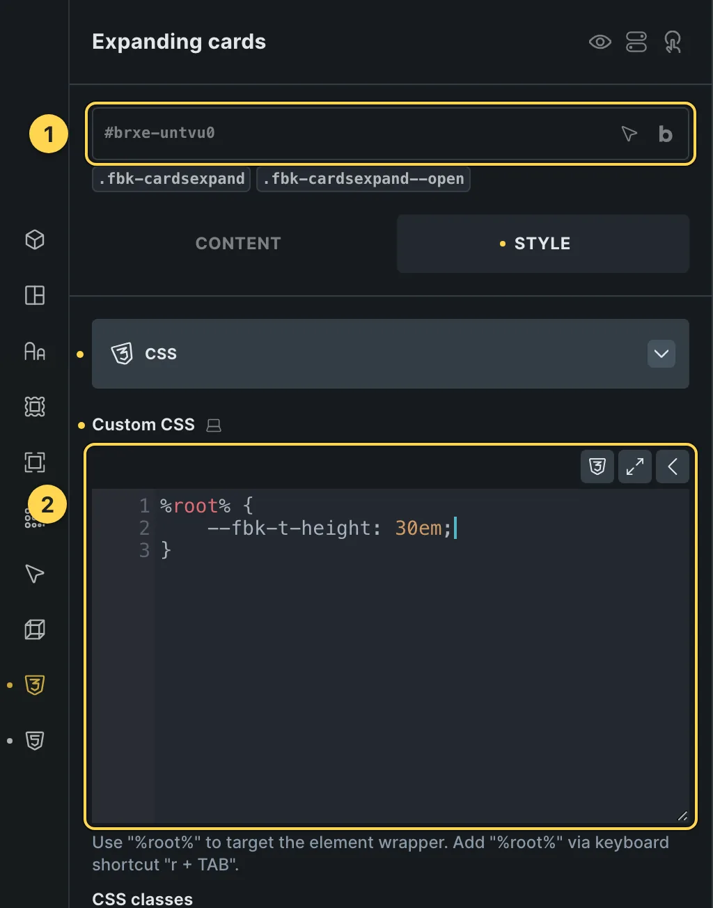 The Custom CSS field of this template's own element, with one of its variables as a real example.