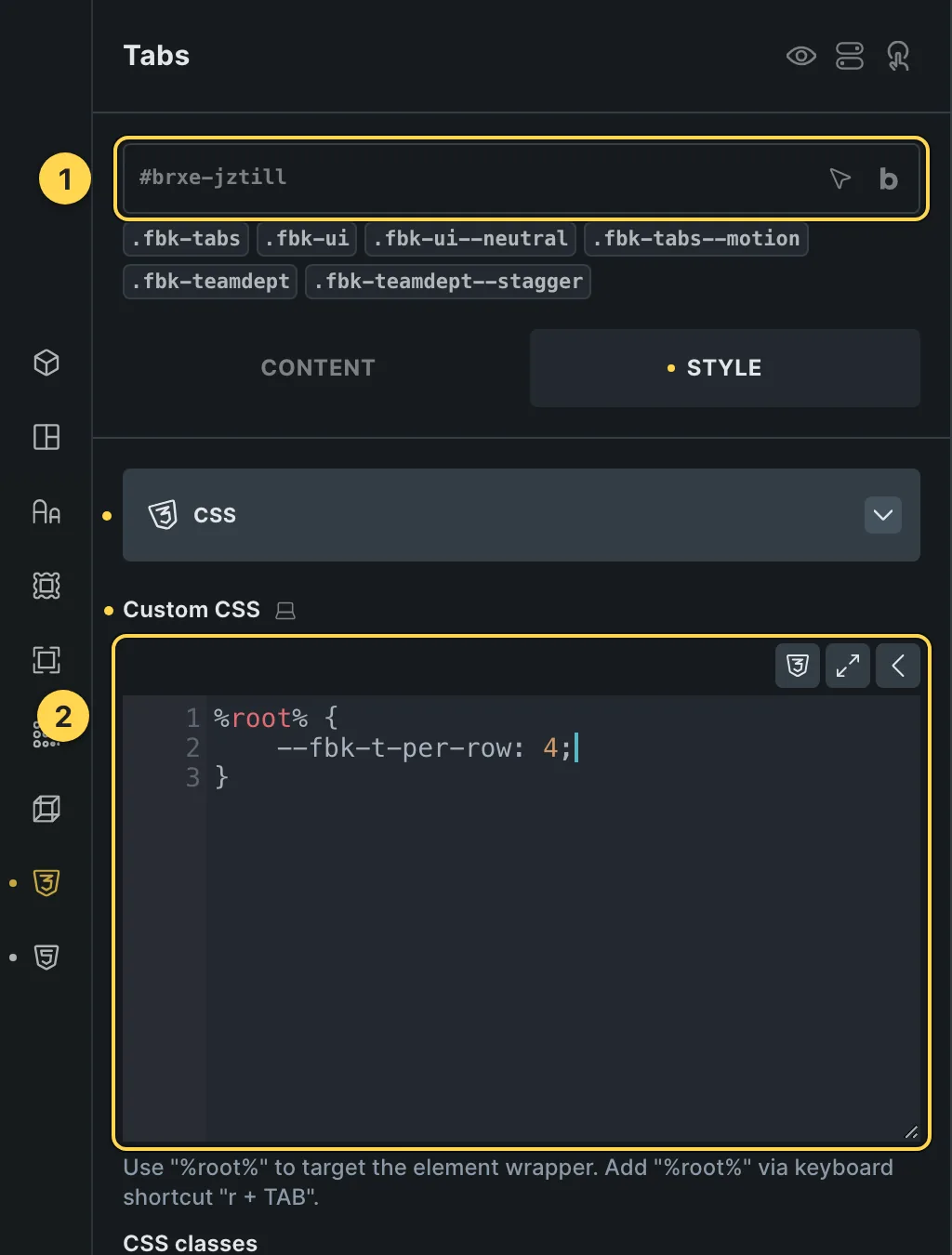 The Custom CSS field of this template's own element, with one of its variables as a real example.