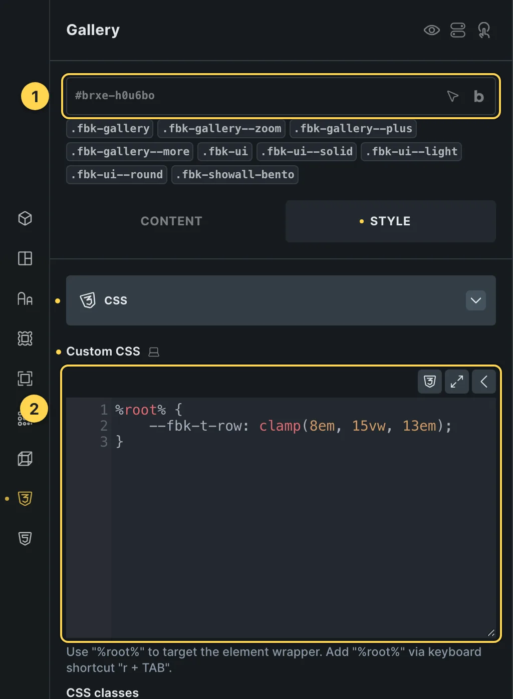 The Custom CSS field of this template's own element, with one of its variables as a real example.