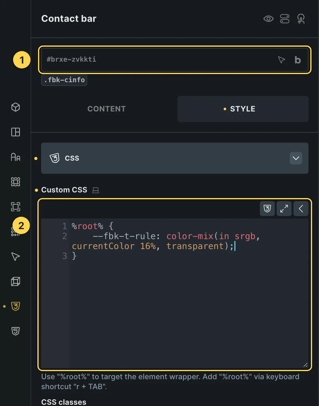 The Custom CSS field of this template's own element, with one of its variables as a real example.