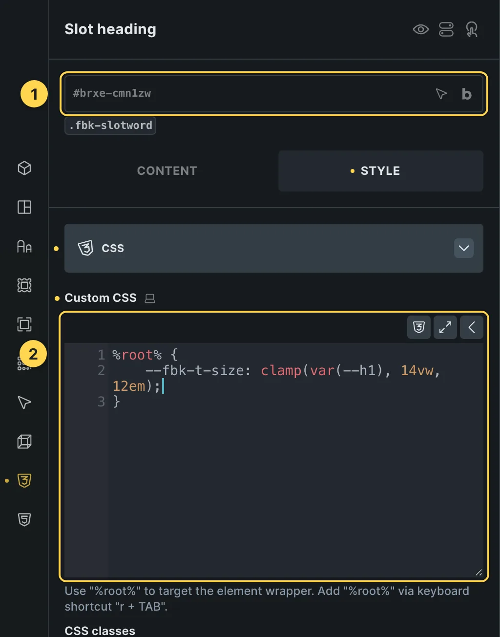The Custom CSS field of this template's own element, with one of its variables as a real example.