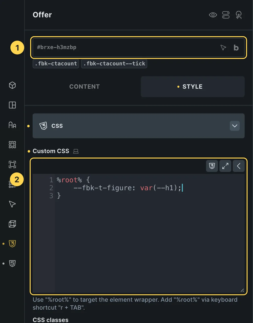 The Custom CSS field of this template's own element, with one of its variables as a real example.
