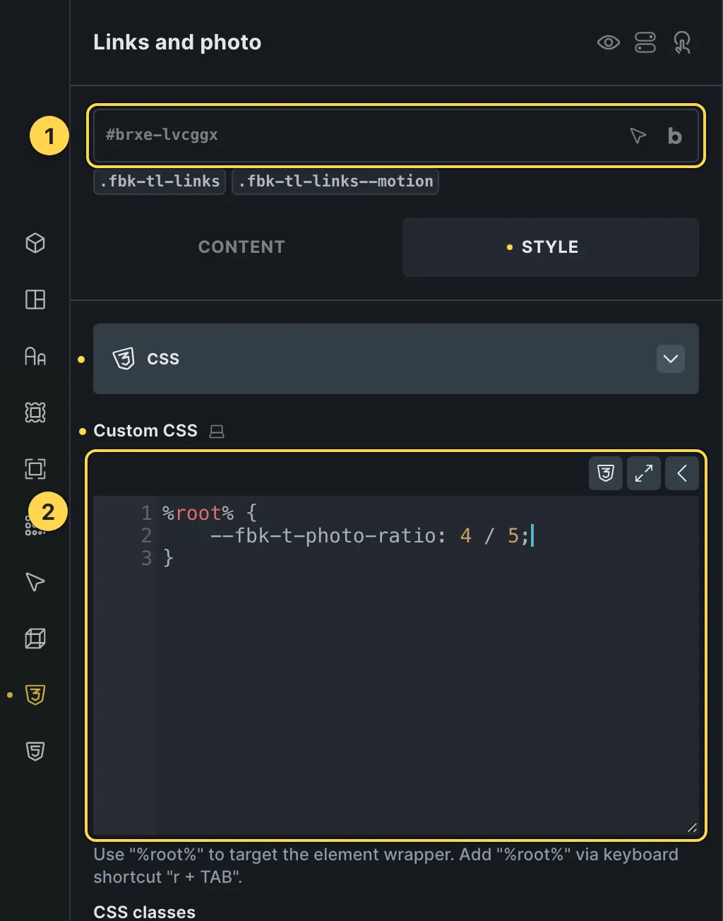 The Custom CSS field of this template's own element, with one of its variables as a real example.