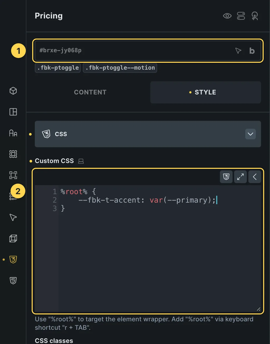 The Custom CSS field of this template's own element, with one of its variables as a real example.