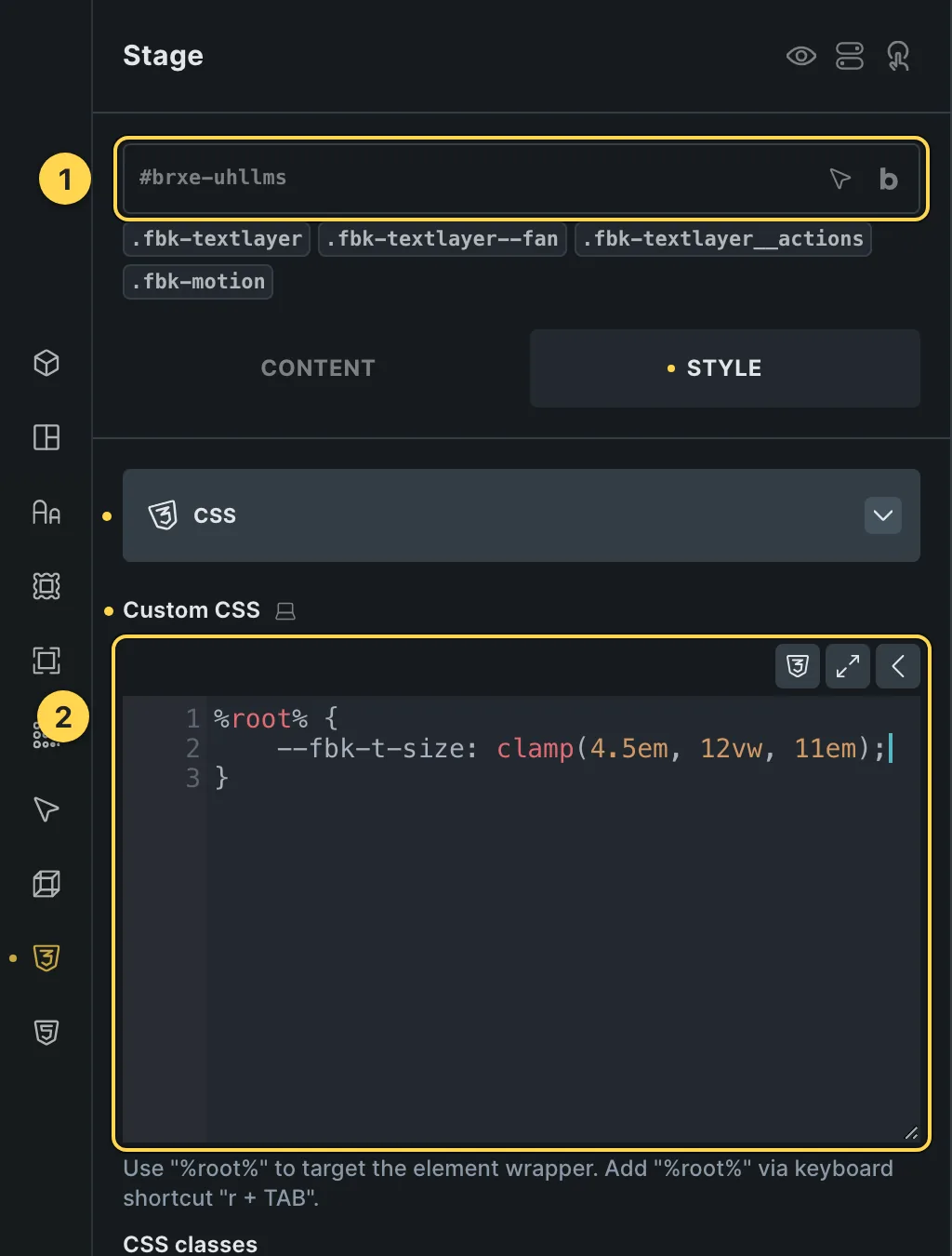 The Custom CSS field of this template's own element, with one of its variables as a real example.