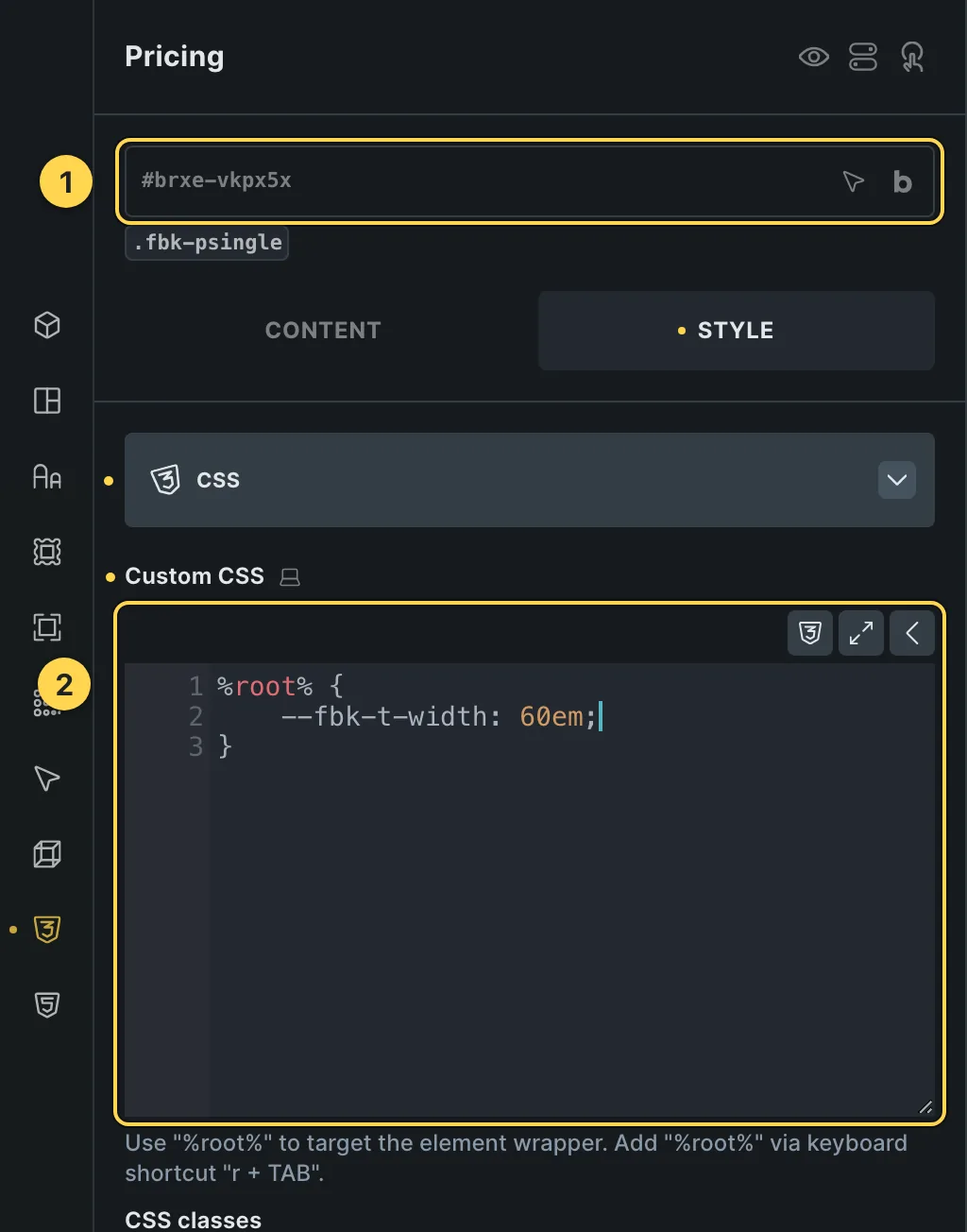 The Custom CSS field of this template's own element, with one of its variables as a real example.