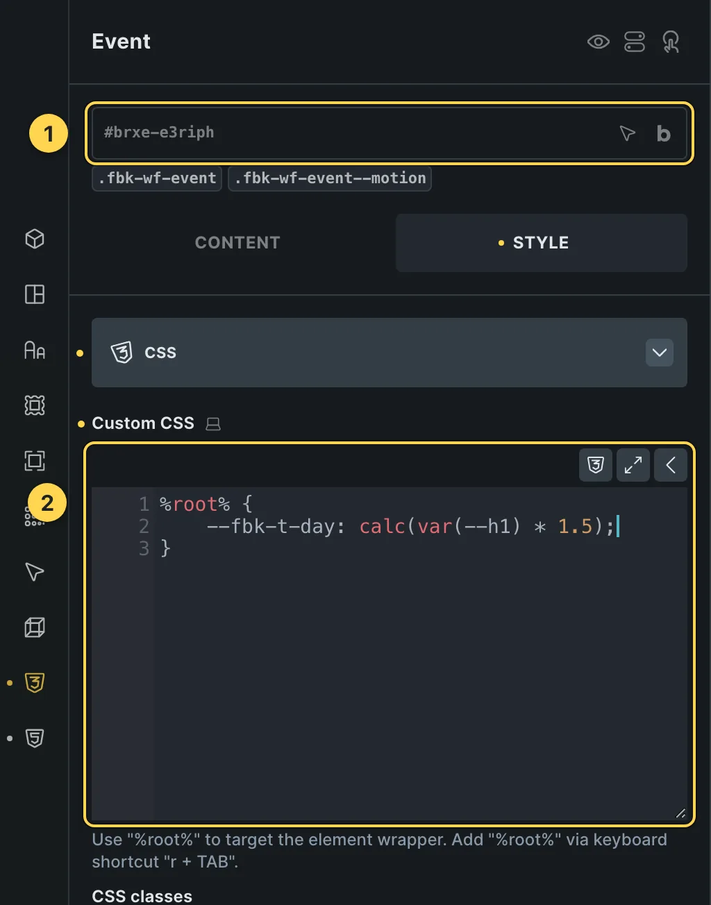 The Custom CSS field of this template's own element, with one of its variables as a real example.