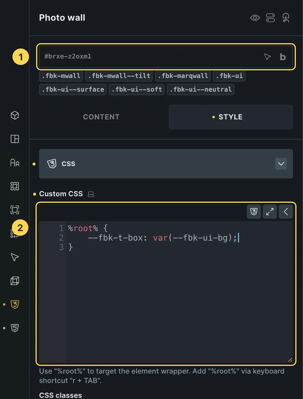 The Custom CSS field of this template's own element, with one of its variables as a real example.