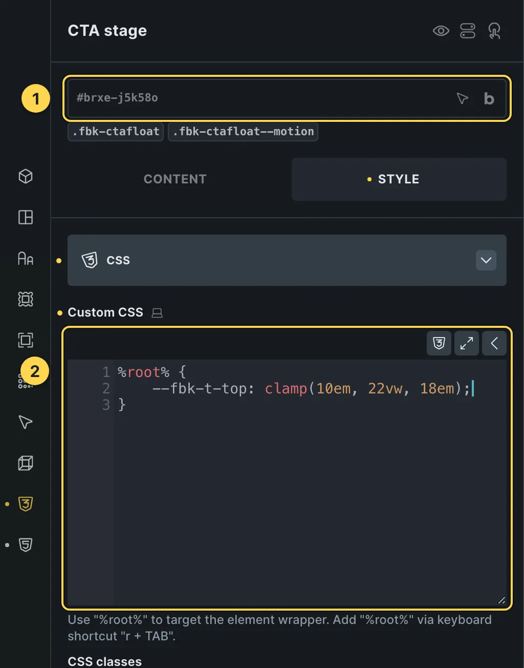 The Custom CSS field of this template's own element, with one of its variables as a real example.