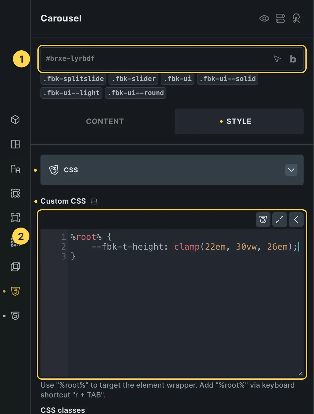 The Custom CSS field of this template's own element, with one of its variables as a real example.