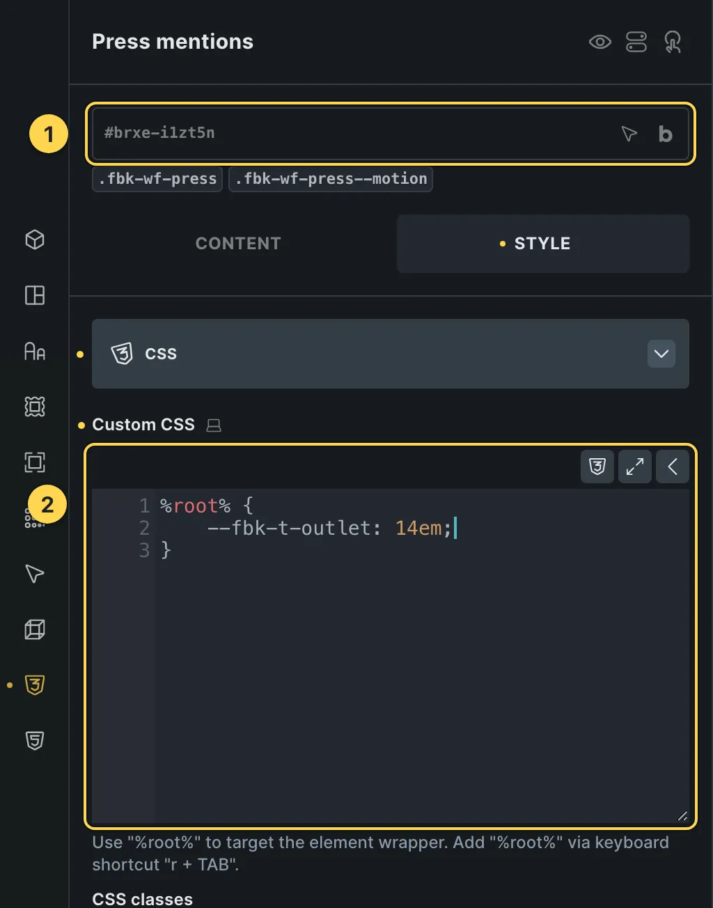 The Custom CSS field of this template's own element, with one of its variables as a real example.