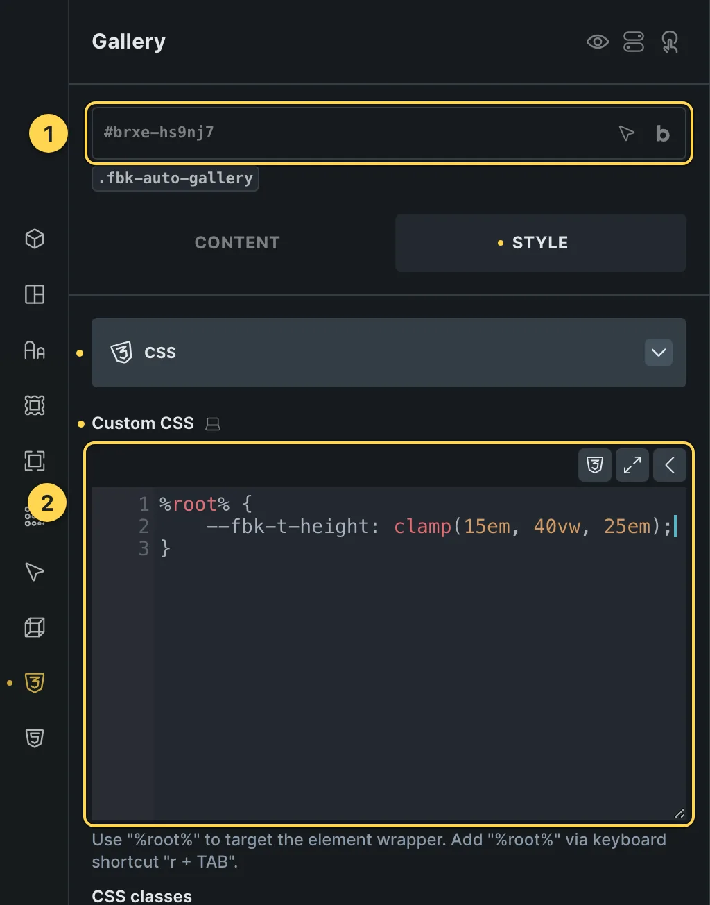 The Custom CSS field of this template's own element, with one of its variables as a real example.