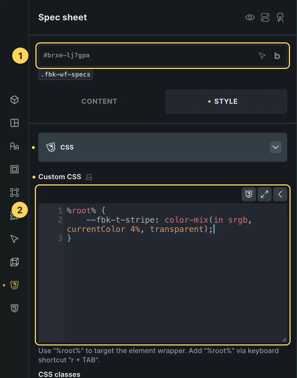 The Custom CSS field of this template's own element, with one of its variables as a real example.