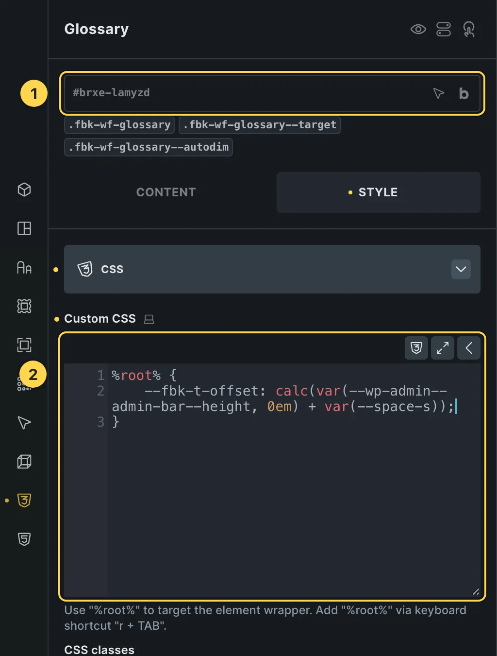 The Custom CSS field of this template's own element, with one of its variables as a real example.
