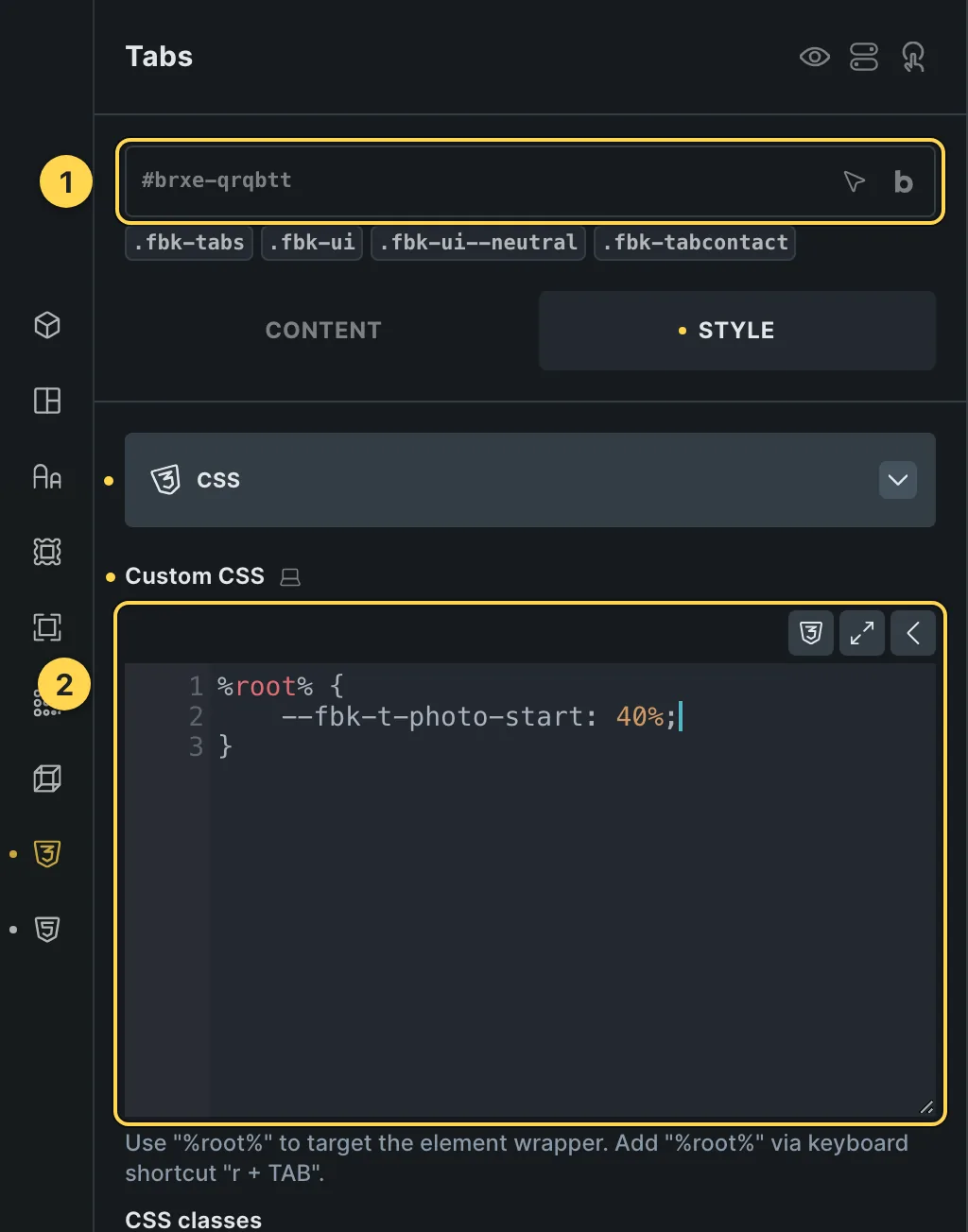 The Custom CSS field of this template's own element, with one of its variables as a real example.