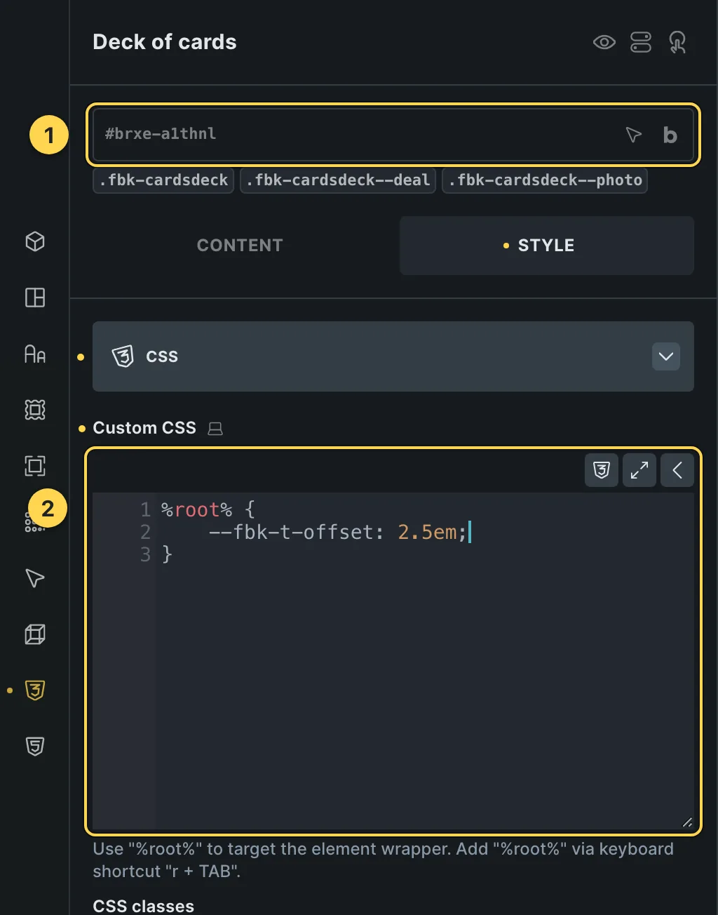 The Custom CSS field of this template's own element, with one of its variables as a real example.