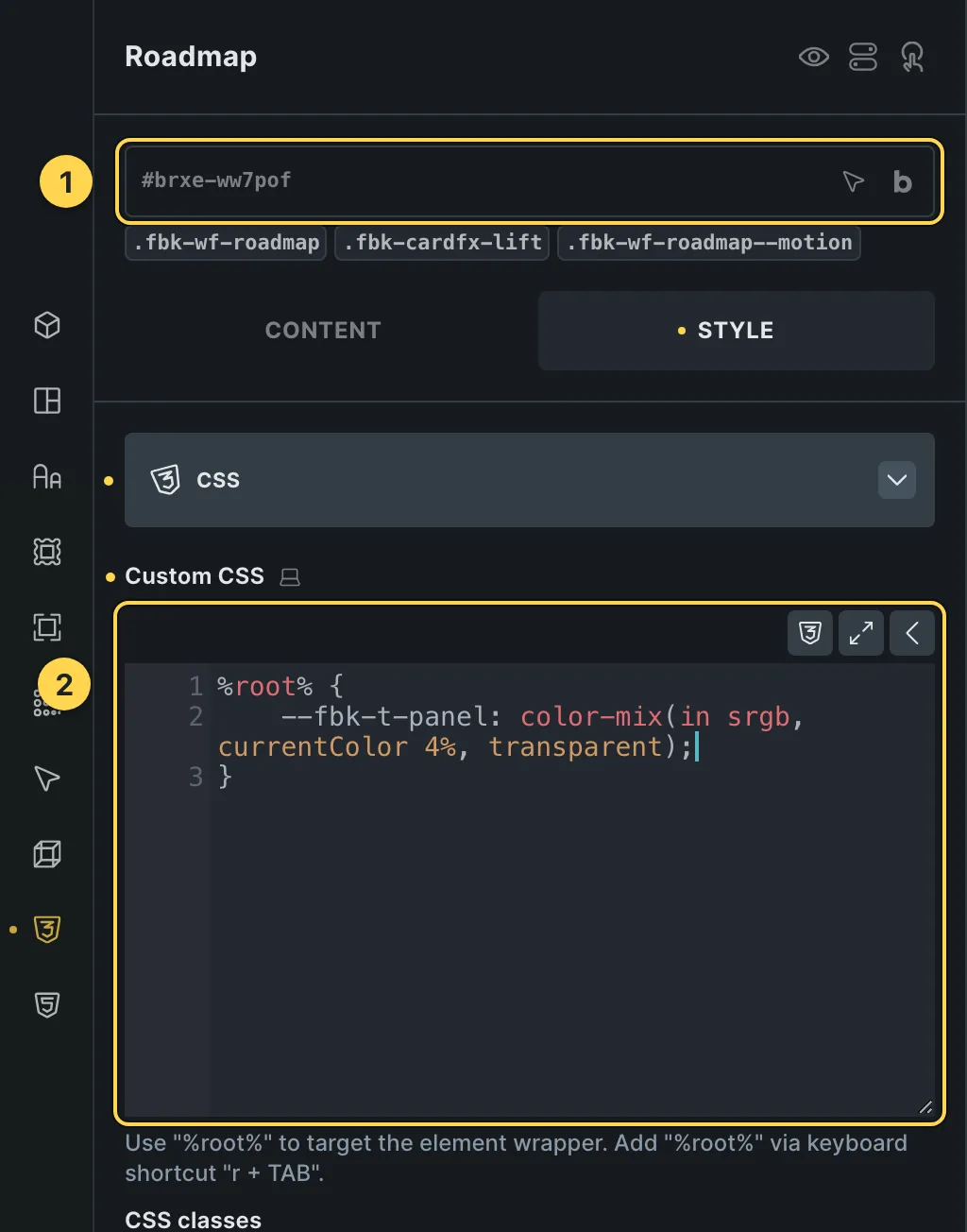 The Custom CSS field of this template's own element, with one of its variables as a real example.