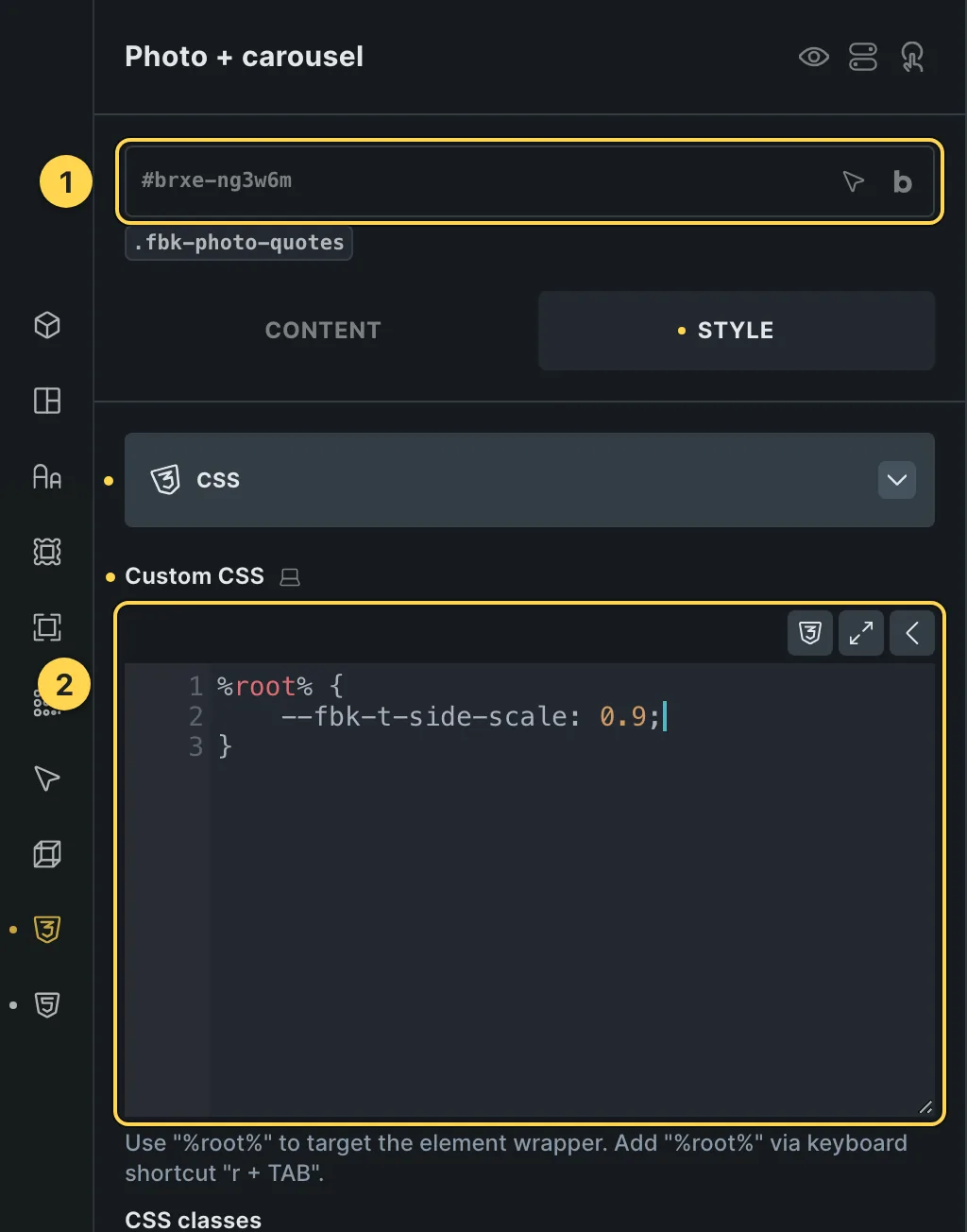 The Custom CSS field of this template's own element, with one of its variables as a real example.