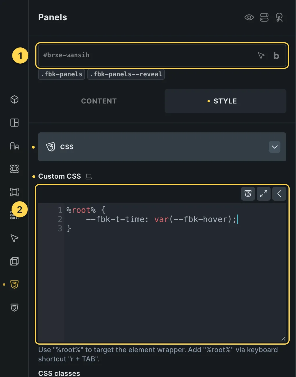 The Custom CSS field of this template's own element, with one of its variables as a real example.