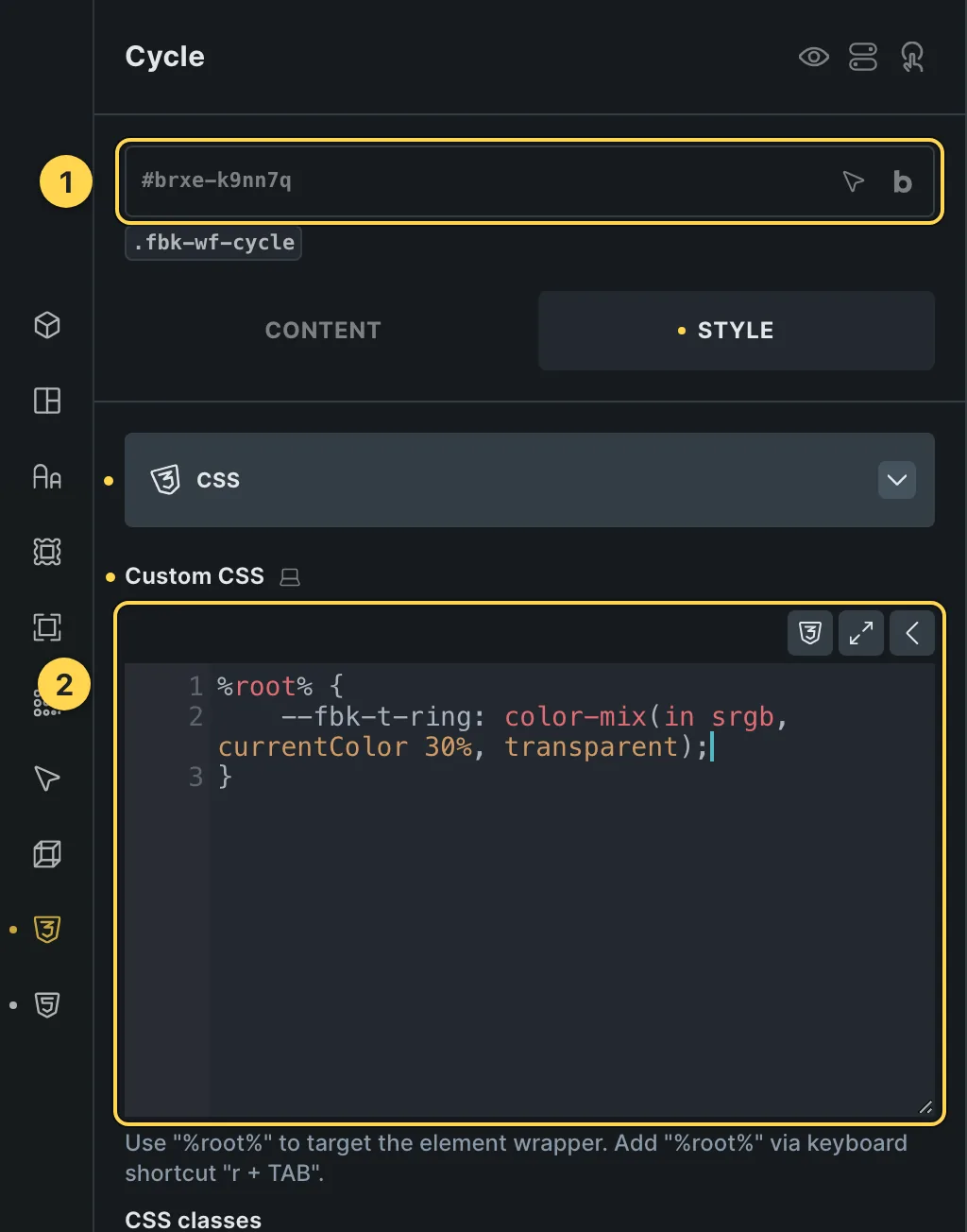 The Custom CSS field of this template's own element, with one of its variables as a real example.
