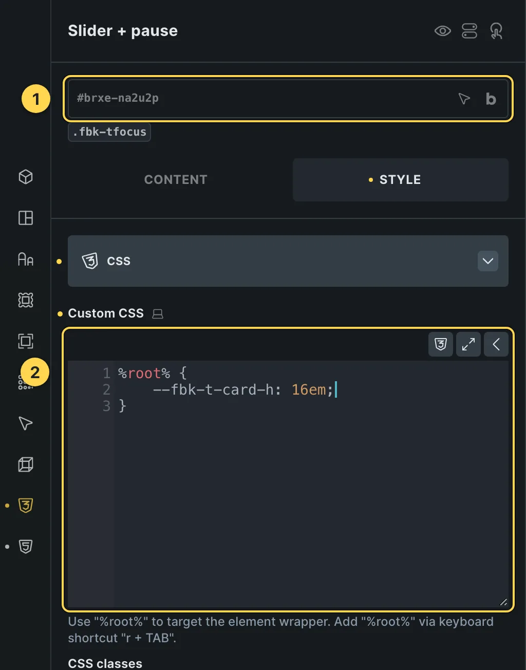 The Custom CSS field of this template's own element, with one of its variables as a real example.