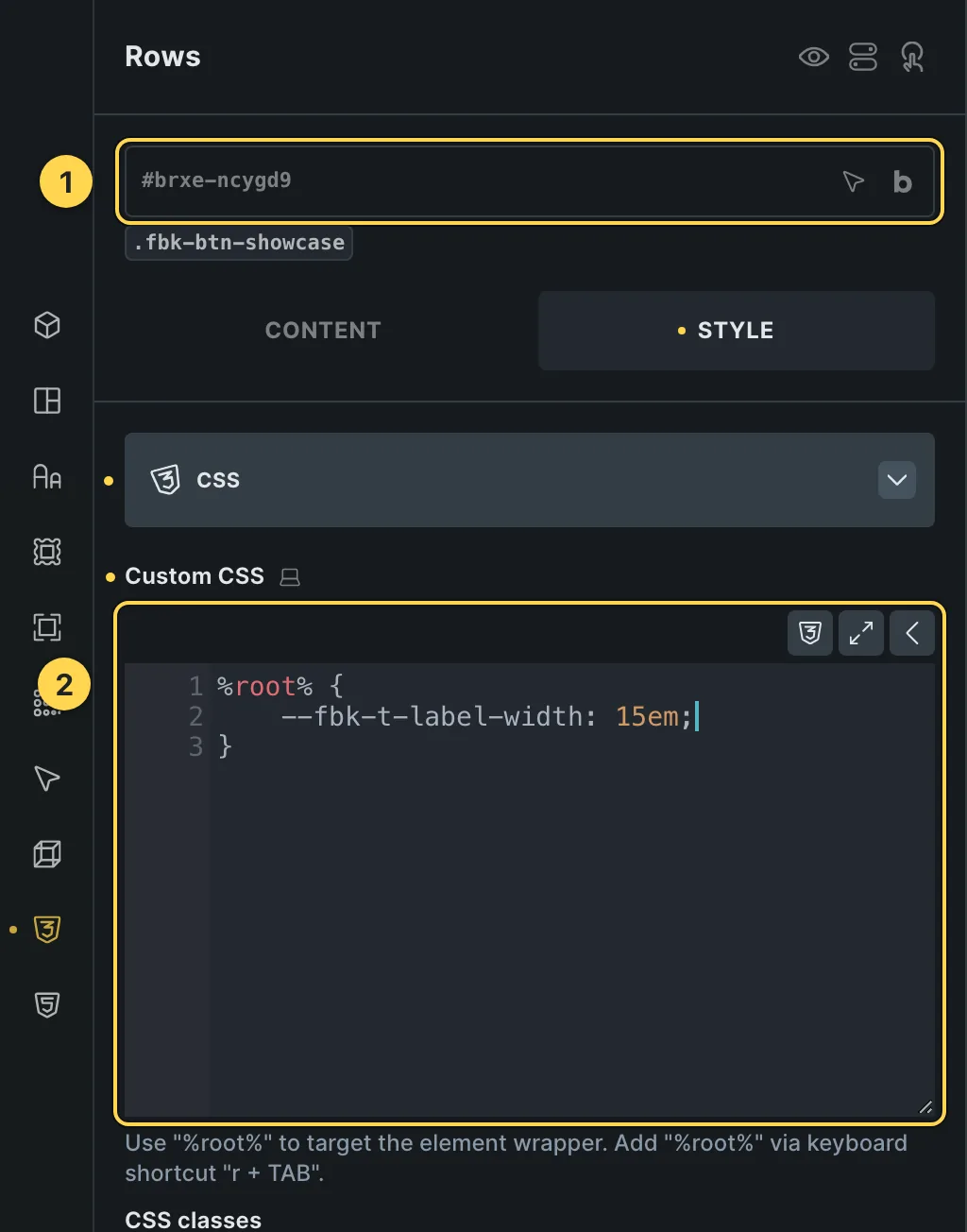 The Custom CSS field of this template's own element, with one of its variables as a real example.