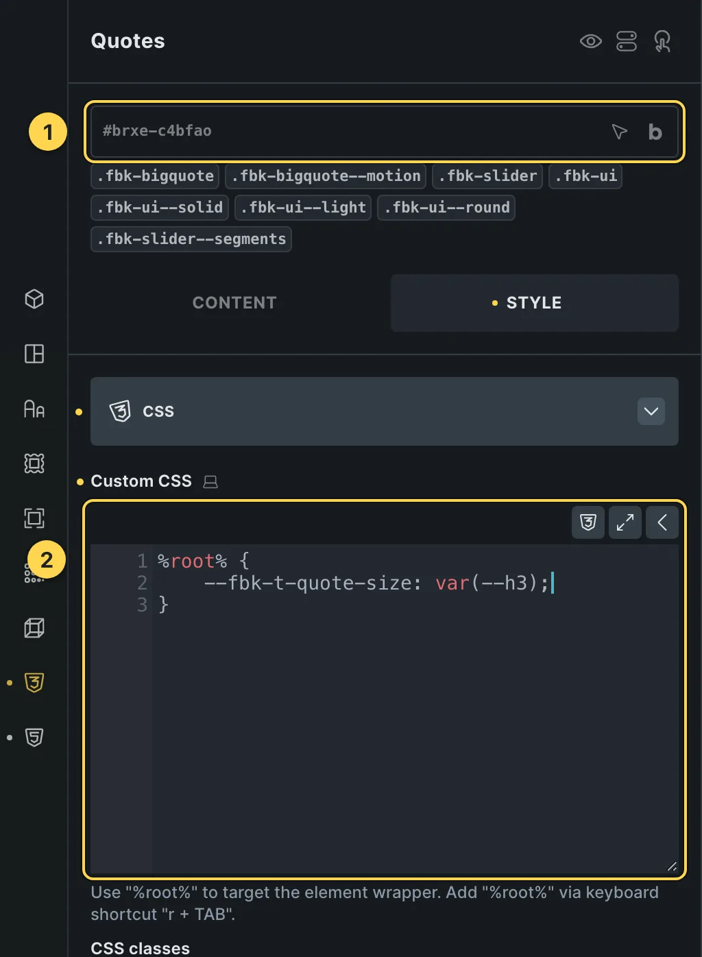 The Custom CSS field of this template's own element, with one of its variables as a real example.
