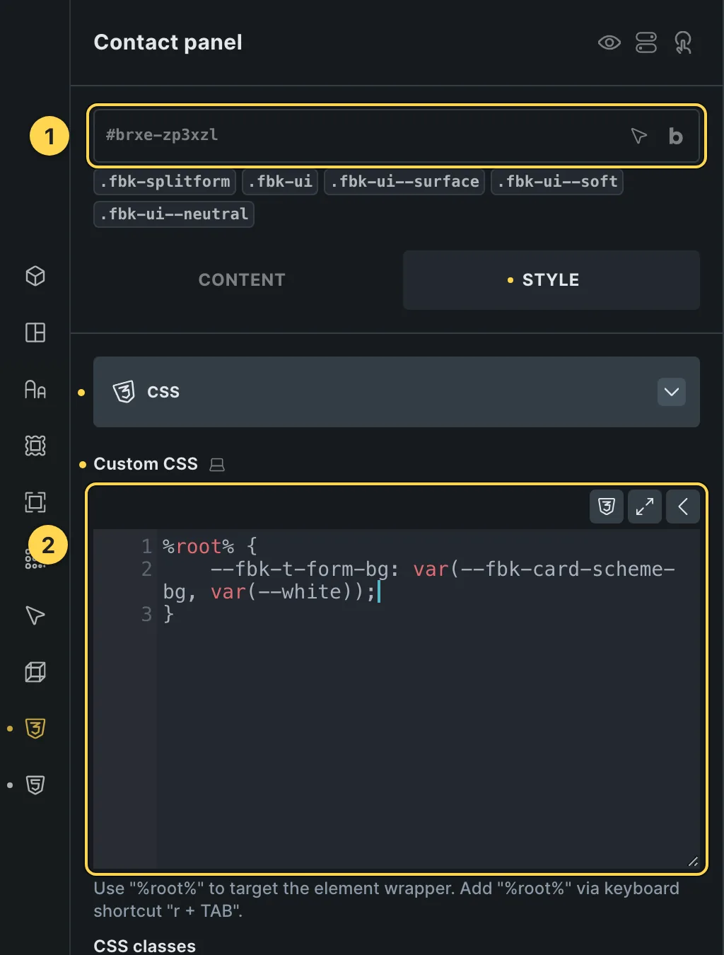 The Custom CSS field of this template's own element, with one of its variables as a real example.