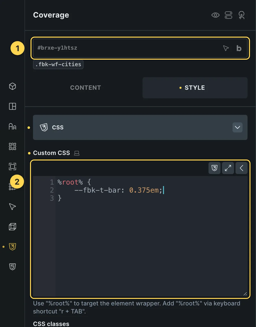 The Custom CSS field of this template's own element, with one of its variables as a real example.