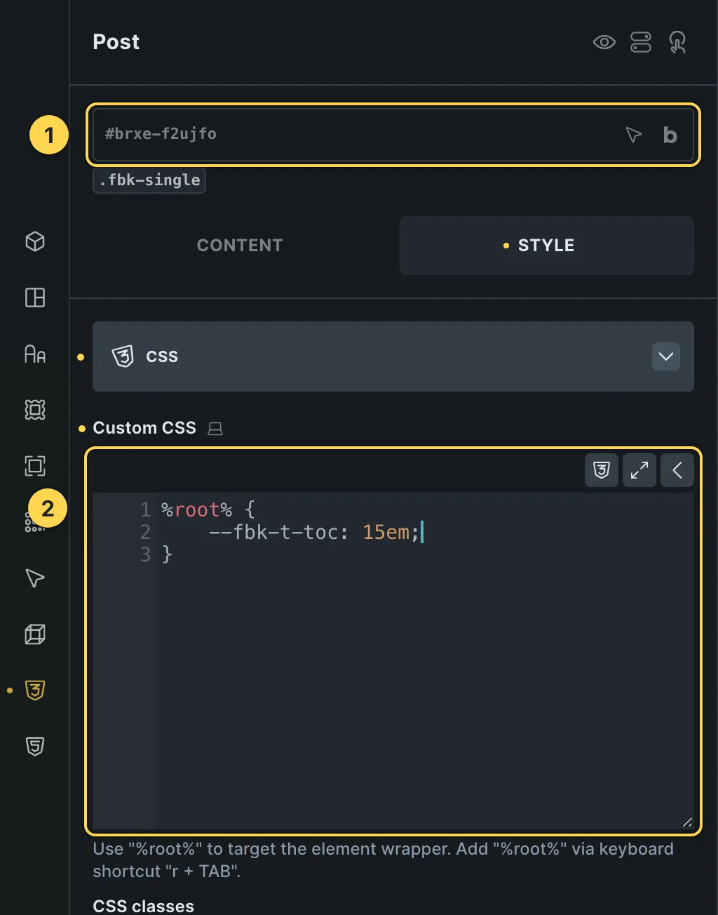 The Custom CSS field of this template's own element, with one of its variables as a real example.